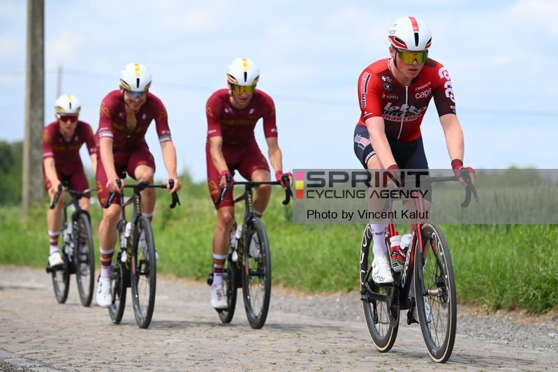 LOBBES, BELGIUM - JUNE 01 : Dolven Halvor (NOR) of Devo Lotto Intermarche in action during stage 1 of the 47th edition of Ethias Tour de Wallonie an UCI ProSeries 2.Pro cycling road race stage for Men Elite of 180.7 km with start in Manage and finish in L