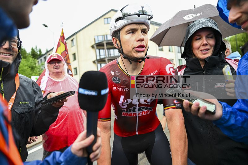 LIBRAMONT-CHEVIGNY, BELGIUM - JUNE 02 : De Lie Arnaud (BEL) of Lotto Intermarche after the race during stage 2 of the 47th edition of Ethias Tour de Wallonie an UCI ProSeries 2.Pro cycling road race stage for Men Elite of 192.1 km with start in Jodoigne a