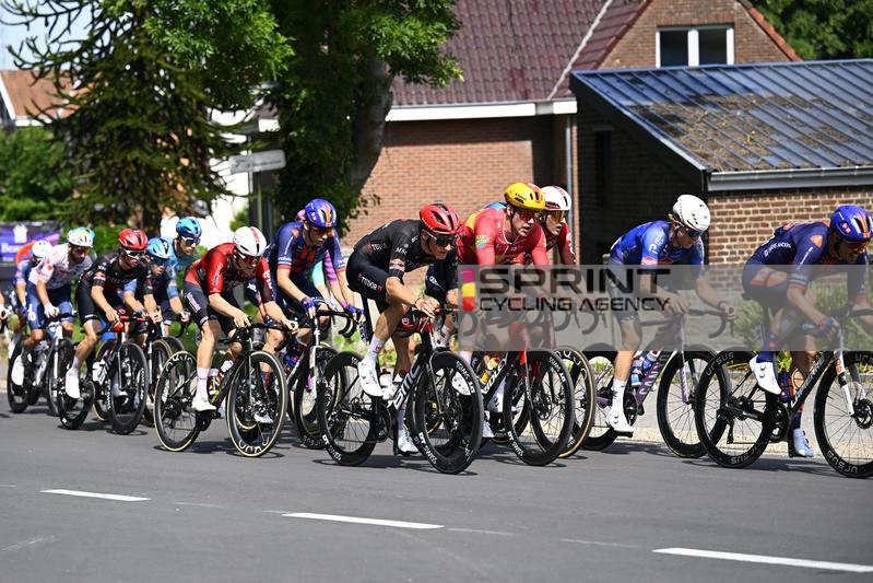 HOEILAART, BELGIUM - JUNE 21 : Berckmoes Jenno (BEL) of Lotto Intermarche, Kelemen Petr (CZE) of Tudor Pro Cycling Team in action during stage 5 of the 95th edition of Baloise Tour of Belgium an UCI ProSeries 2.Pro cycling road race stage for Men Elite of
