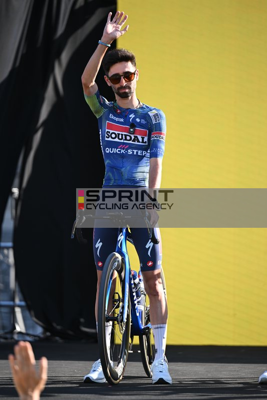 BARCELONA, SPAIN - JULY 02 : Paret-Peintre Valentin (FRA) of Soudal Quick Step-Peintre Valentin (FRA) of Soudal Quick Step on the podium pictured during the teams presentation prior to the 113rd edition of Tour de France an UCI World Tour 2.UWT Team Time 