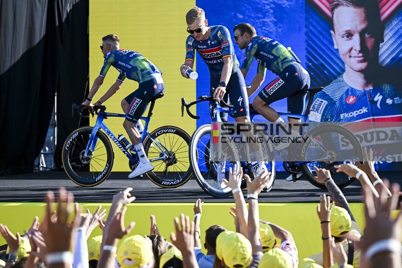 BARCELONA, SPAIN - JULY 02 : Merlier Tim (BEL) of Soudal Quick Step on the podium pictured during the teams presentation prior to the 113rd edition of Tour de France an UCI World Tour 2.UWT Team Time Trial stage for Men Elite of 19 km with start in Barcel
