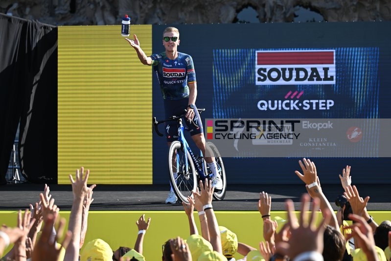 BARCELONA, SPAIN - JULY 02 : Merlier Tim (BEL) of Soudal Quick Step on the podium pictured during the teams presentation prior to the 113rd edition of Tour de France an UCI World Tour 2.UWT Team Time Trial stage for Men Elite of 19 km with start in Barcel