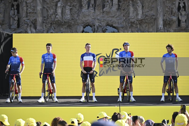 BARCELONA, SPAIN - JULY 02 : Gregoire Romain (FRA) of Groupama FDJ United on the podium pictured during the teams presentation prior to the 113rd edition of Tour de France an UCI World Tour 2.UWT Team Time Trial stage for Men Elite of 19 km with start in 