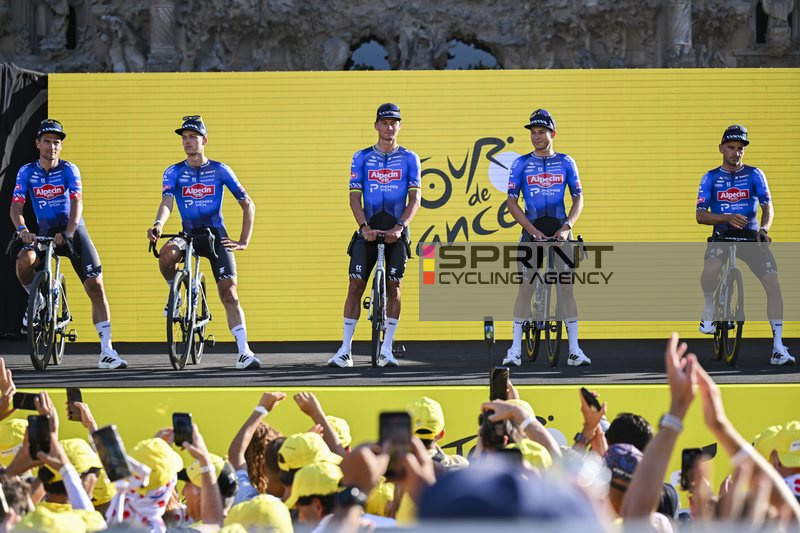 BARCELONA, SPAIN - JULY 02 : Van Der Poel Mathieu (NED) of Alpecin Premier Tech, Philipsen Jasper (BEL) of Alpecin Premier Tech on the podium pictured during the teams presentation prior to the 113rd edition of Tour de France an UCI World Tour 2.UWT Team 